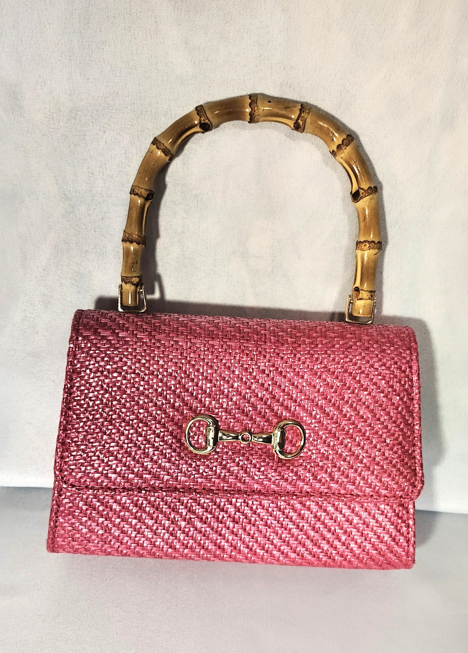 Woven Handbag with Bamboo Top Handle Pink NWOT